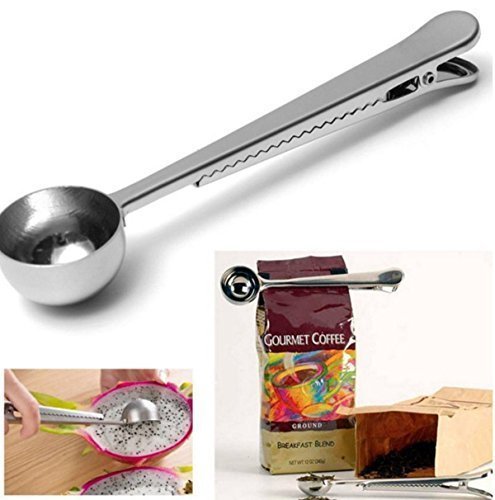 Pinovk Stainless Premium Steel Ground Coffee Measuring Scoop Spoon With Bag Seal Clip (Silver ) N2
