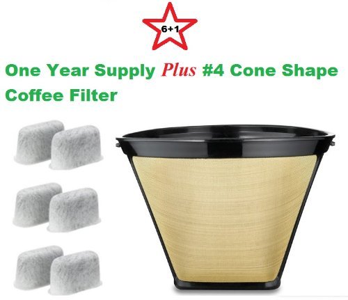 #4 Cone Shape Permanent Coffee Filter & a set of 6 Charcoal Water Filters for Cuisinart DCC-RWF1 Coffeemakers