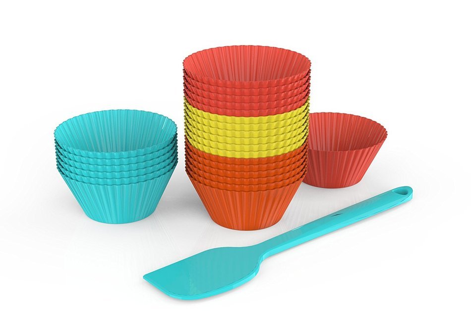 Set Of 24 Premium Silicone Baking Cups With BONUS Silicone Scraper & Silicone Spatula &ndash;For Perfectly Baked, Mouth... N5