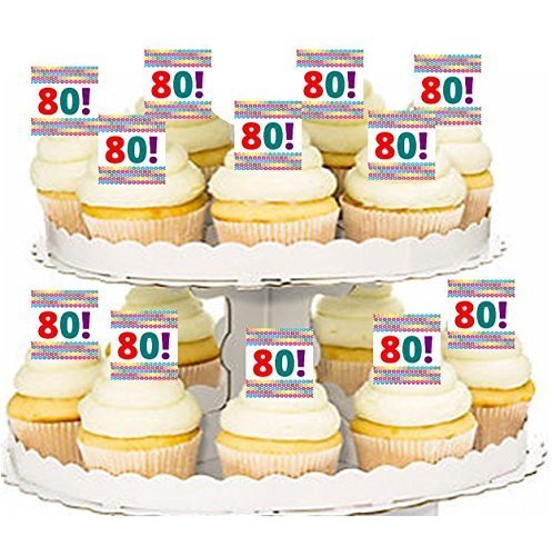 80th Rainbow Birthday / Anniversary / School Edible Cupcake Decoration Picks -24Pk
