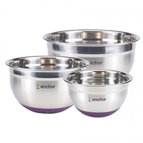 Anchor Hocking Stainless Steel Mixing Bowl with Eggplant Silicone Base, Set of 3