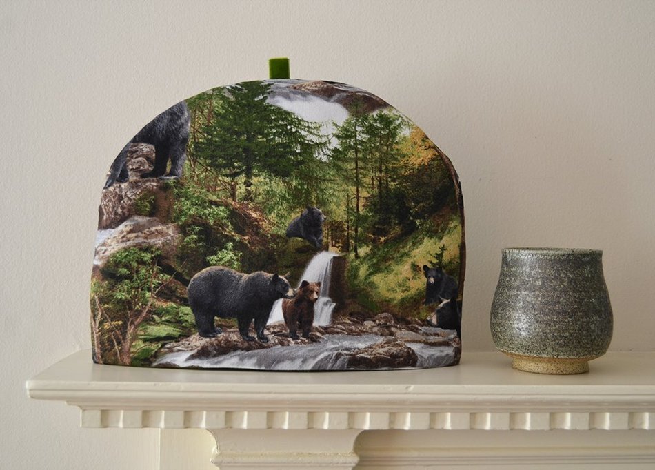 Artisanal Tea Cozy with Black Bears & Forest Scene - 4 Sizes N2