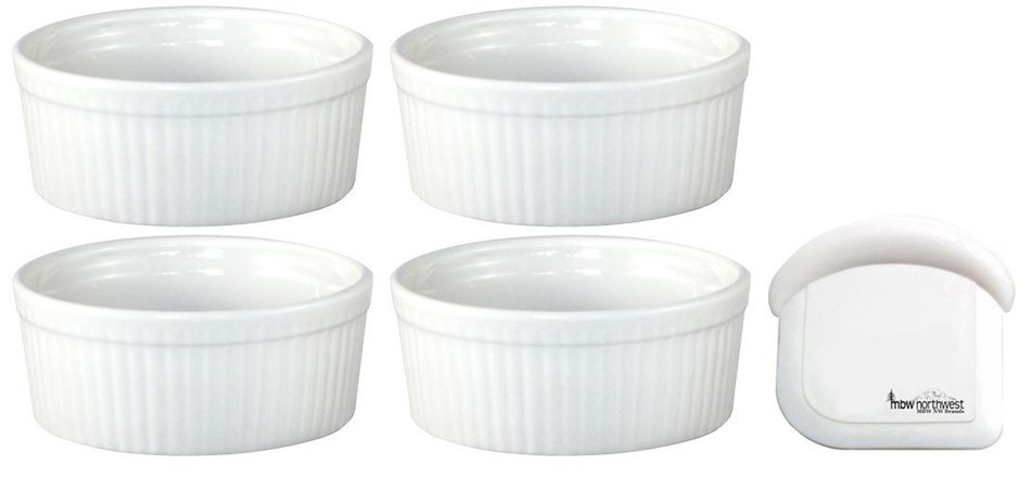 ITI Ceramic Stackable Baking Ramekins / Condiment Sauce Cups with Pan Scraper, Medium / Large, 4-Pack (6 Ounce... N16