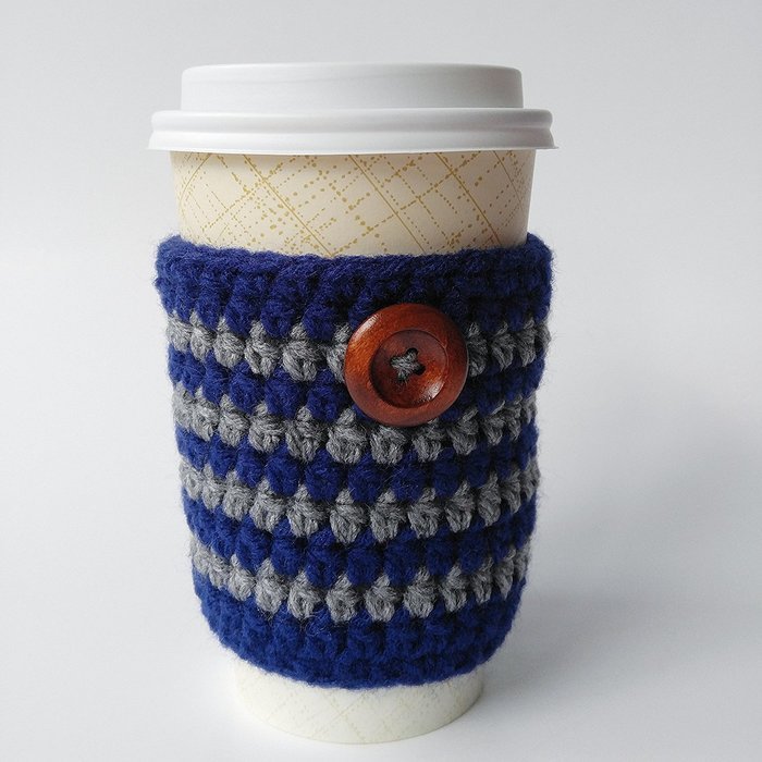 Coffee Sleeve Navy and Grey Stripe Wooden Button N2