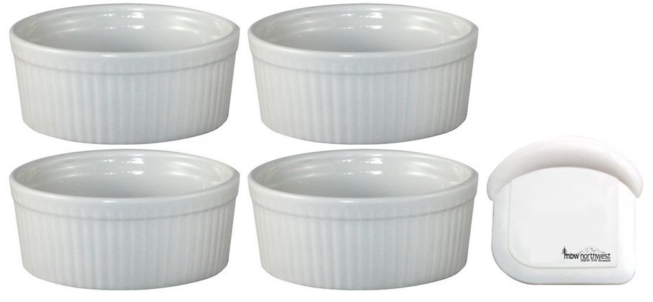 ITI Ceramic Stackable Baking Ramekins / Condiment Sauce Cups with Pan Scraper, Medium / Large, 4-Pack (6 Ounce... N18