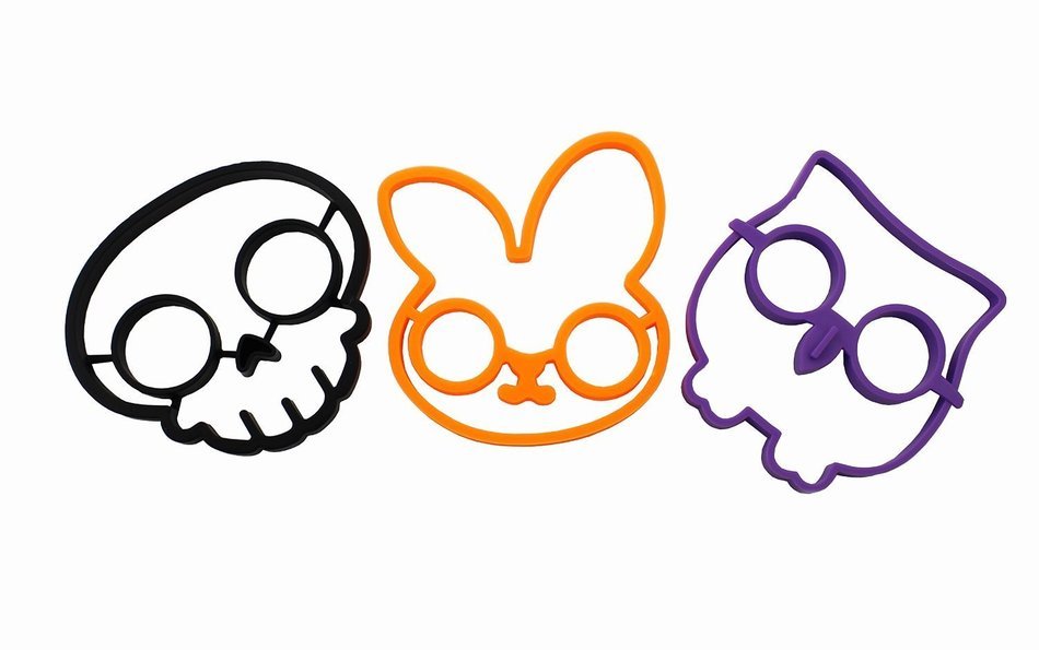 Cy3Lf Set of 3 Nonstick Silicone Egg Ring Mold, Purple Owl Shaped Egg Ring, Black Skull Shaped Egg Ring and Orange... N2