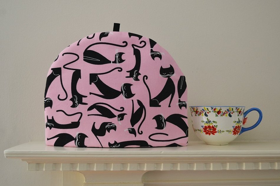 Beatnik Black Cats Artisanal Cotton Insulated Tea Cozy - Pink and Black 4 Sizes