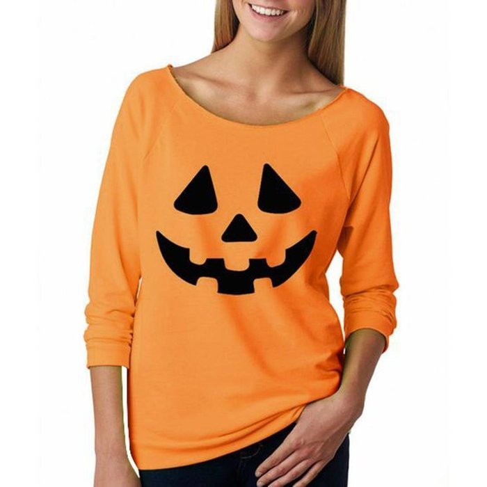 Oksale Women Halloween Pumpkin Cotton O-Neck Long Sleeved Blouse Shirt (S) N2