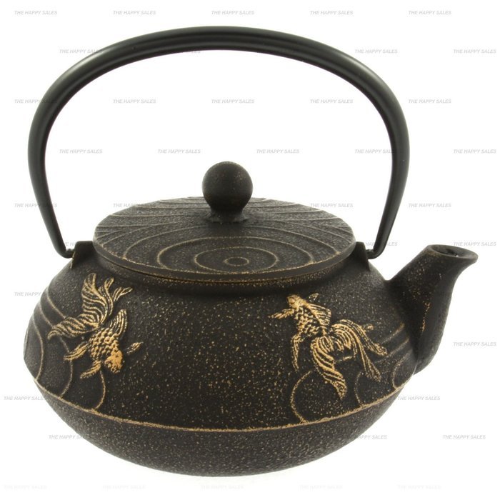 Happy Sales Cast Iron Black And Gold Goldfish Teapot