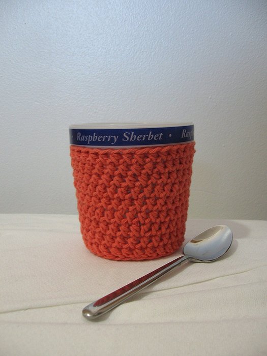 Handmade Crochet Ice Cream Pint Cozy in Coral N2