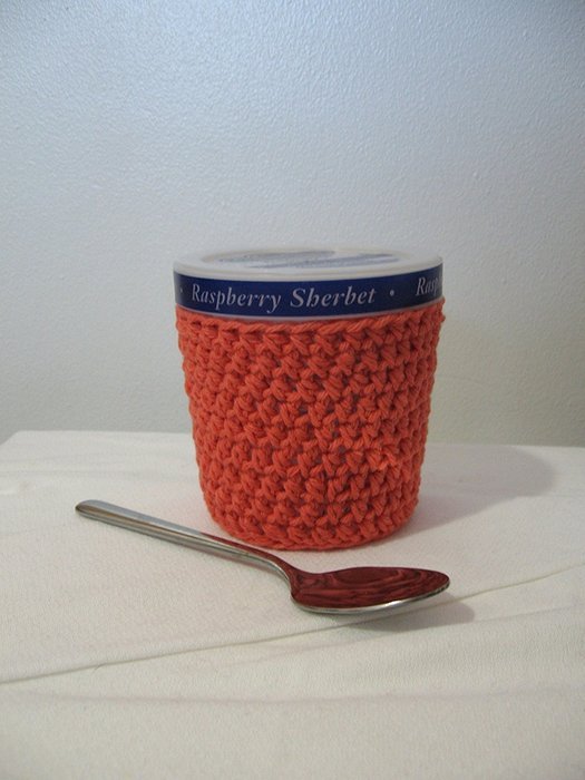 Handmade Crochet Ice Cream Pint Cozy in Coral N3