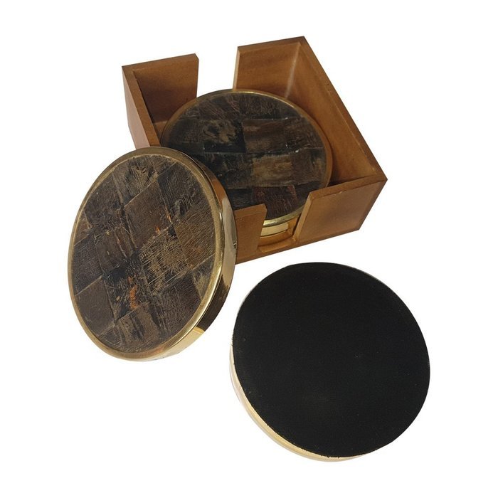 Rounded Pure Brass around Coasters & Water Buffalo Horn Inlay Coasters Unique Designer Handicraft Gift Set ( 4... N4