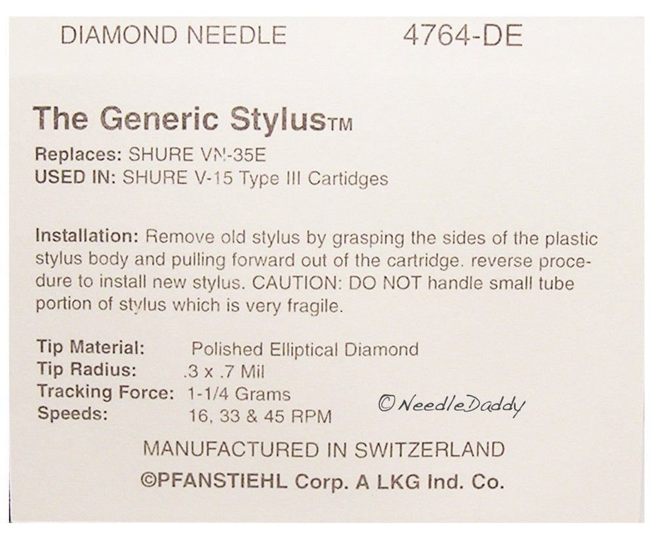 NEW in sealed box NEEDLE STYLUS REPLACES SHURE VN35E FITS SHURE V15 TYPE III 3