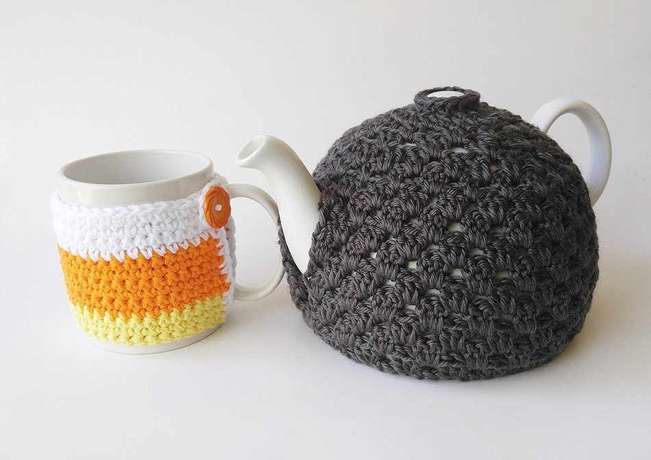 Crochet Tea Pot Cozy Tea Cup Cozy Set 2PC Gift Set Grey Tea Cozy Candy Corn Mug Cozy Halloween Set
