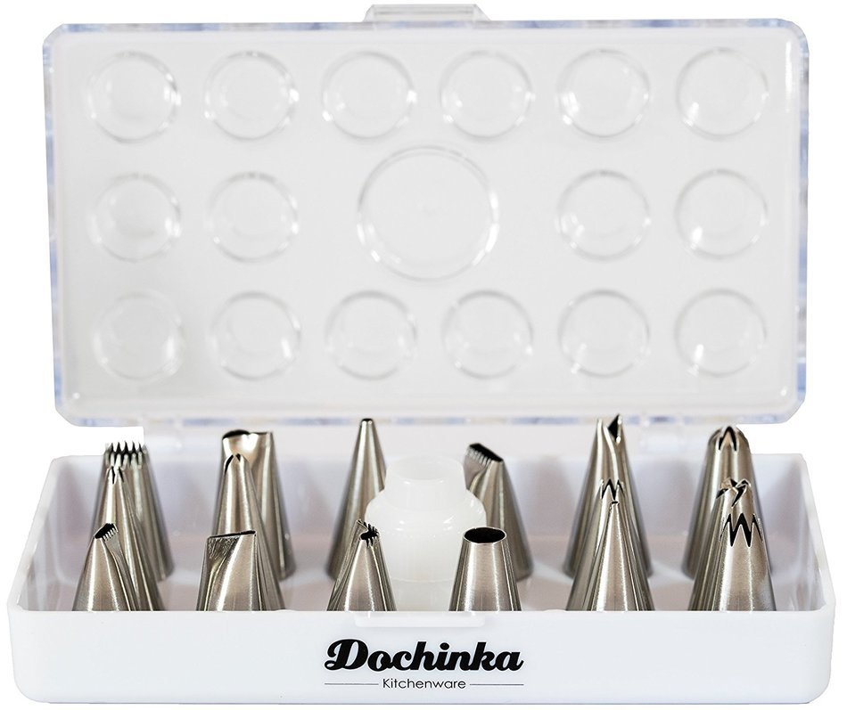 18-Piece Cake Decorating Supplies Tip Set - Includes 16 Stainless Steel Nozzles, Reusable Coupler, Flower Nail... N8