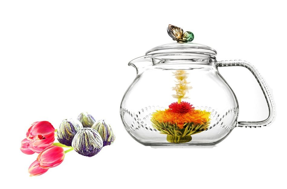 Tea gift Glass Teapot Duo, 16oz/470ml with Fab Flowering Tea (2 Blooms) N25