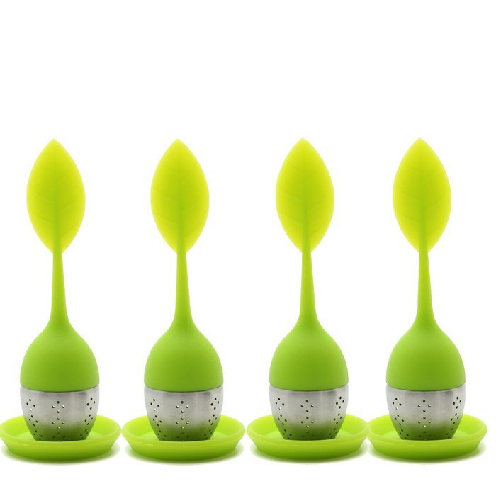 Set of 4 Tea Infuser Leaf Strainer Handle with Steel Ball Silicone Leaf Lid (Green) By Xcellent Global N4