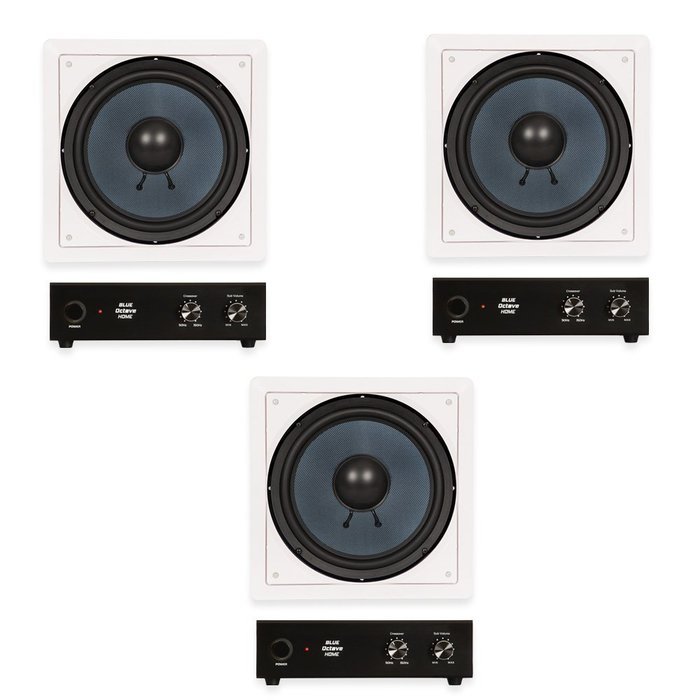 Blue Octave BDW10 In Wall 10" Passive Subwoofer Speakers Home Theater 3 Sub and 3 Amp Set