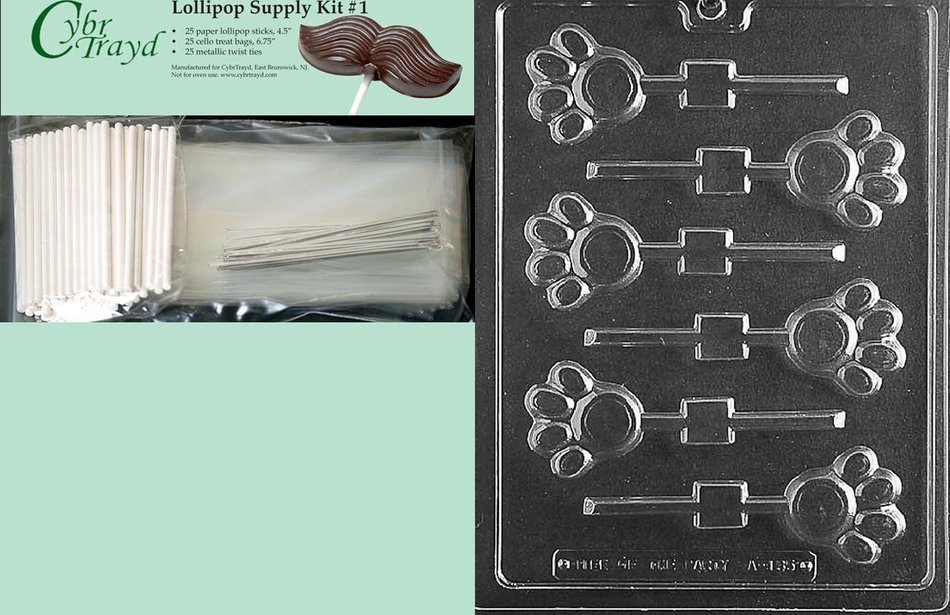 Cybrtrayd 45StK25S-A135 Paw Print Lolly Animal Chocolate Candy Mold with Lollipop Supply Kit