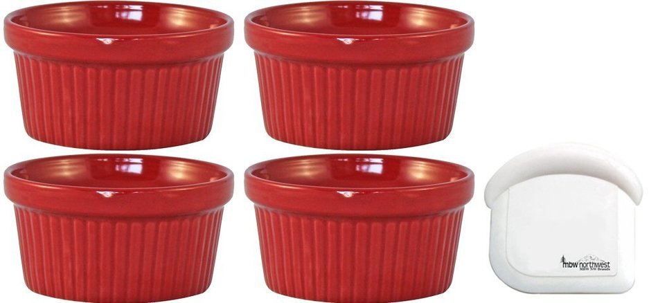 ITI Ceramic Stackable Baking Ramekins / Condiment Sauce Cups with Pan Scraper, Medium / Large, 4-Pack (6 Ounce... N25