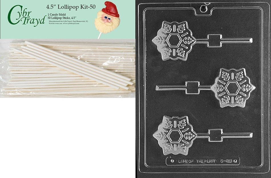 Cybrtrayd 00045St50-C459 Snowflake Pop Christmas Chocolate/Candy Mold with 50 4.5-Inch Lollipop Sticks