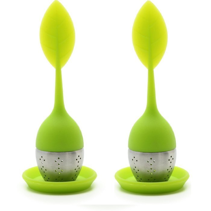 Cherion Set of 2 - Loose Tea Infuser Strainer with Drip Tray - Cute Silicone Leaf Handle As the Lid with Steel... N2