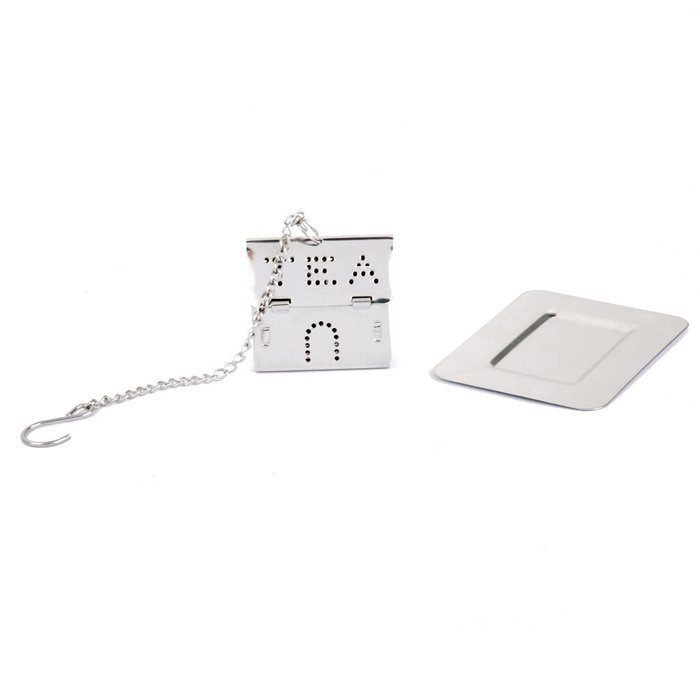 House Teahouse Shape Tea Infuser Strainer with Tray Silver N4