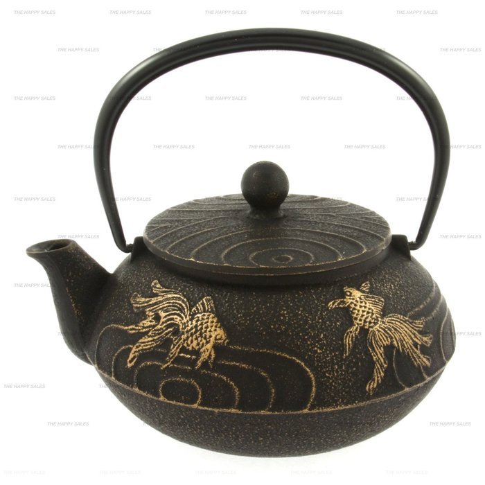 Happy Sales Cast Iron Black And Gold Goldfish Teapot N3
