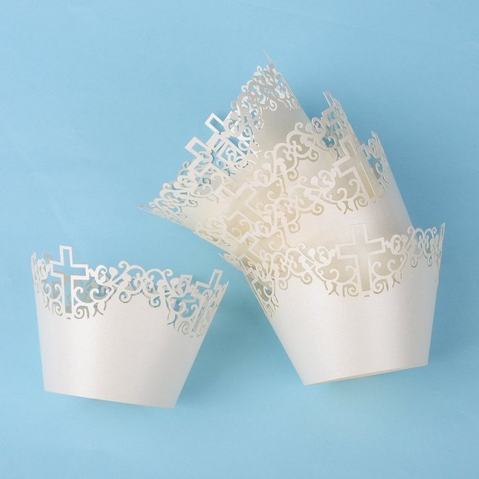 FENICAL Filigree Vine Cross Paper Cake Cupcake Wrappers Cupcake Holder Wedding Party Decor 50pcs (White) N5