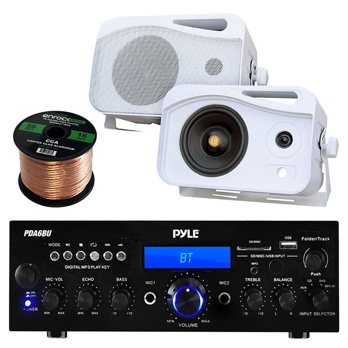 Pyle PDA6BU Amplifier Receiver Stereo Bundle With 2 Pyle PLMR26 5'' 500 Watt 3-Way Weather Proof Speakers - Enrock...