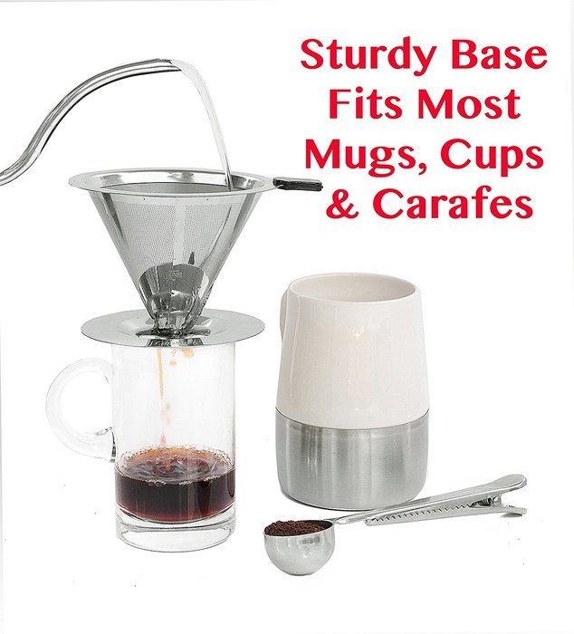 Paperless Pour Over Coffee Dripper & Brewer - Stainless Steel Double Mesh Reusable Cone Filter with Built-in Stand... N7