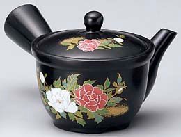 Yamakikai Black Kyusu(Japanese teapot) with red and white flowers 260cc GL1891 from Japan