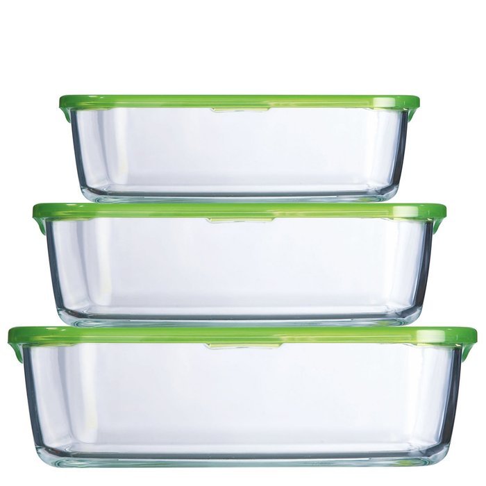 Trudeau Set of 3 Rectangular Containers with Green Lids - 4.75, 13, 26.75 ounce