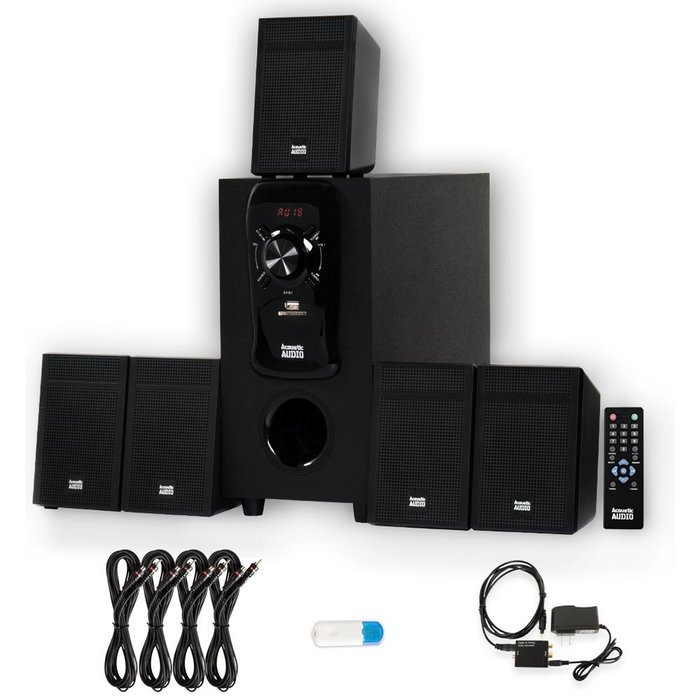 Acoustic Audio AA5150 Home 5.1 Speaker System with USB Bluetooth Optical Input FM and 4 Ext. Cables