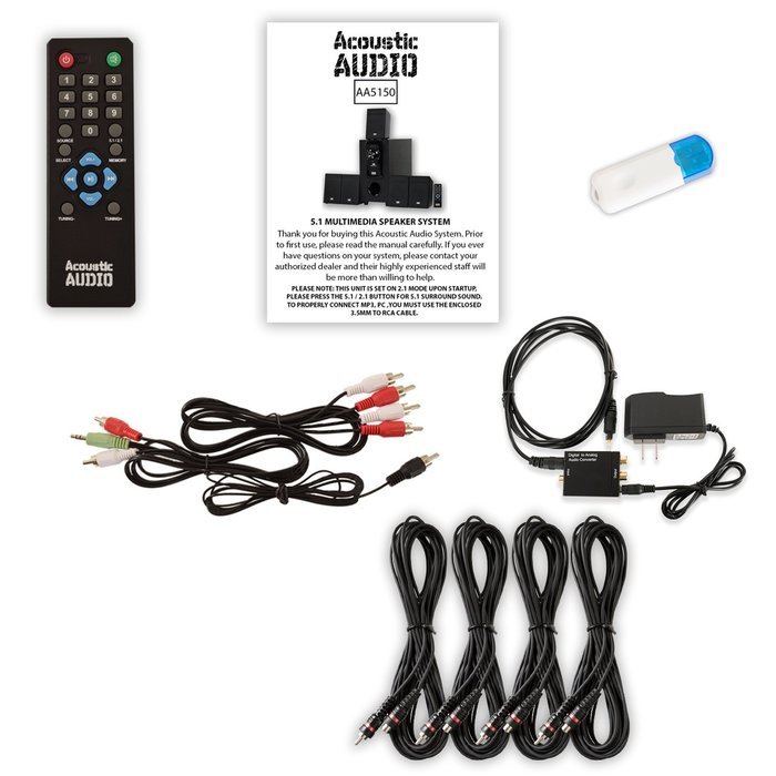 Acoustic Audio AA5150 Home 5.1 Speaker System with USB Bluetooth Optical Input FM and 4 Ext. Cables N2