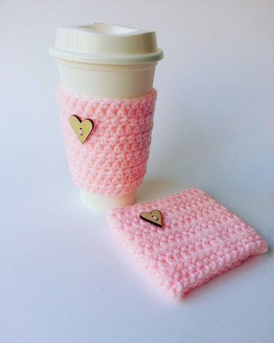 Travel Mug Cozies Two Cozy Set Coffee Lovers Gift Set of Two Pink Heart Buttons