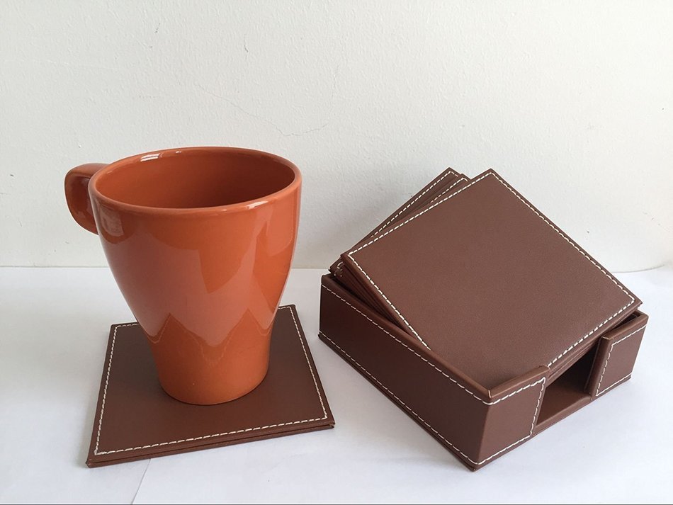 XICHEN&reg; Leather Coasters - Upscale With Coaster Holder Square -6 Piece Set With Holder (Brown) N9