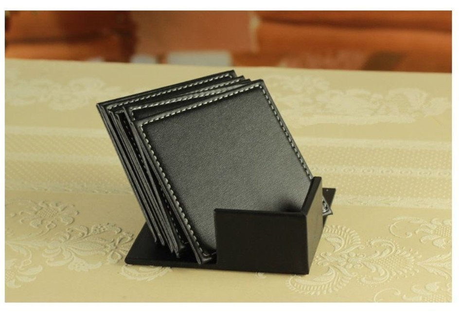XICHEN&reg; Leather Coasters - Upscale With Coaster Holder Square -6 Piece Set With Holder (Brown) N13