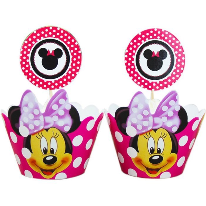 BETOP HOUSE Set of 1 Dozen Pinky Minnie Mouse White Dot Cupcake Wrappers Toppers Kit for Kids Birthday Party Baby...