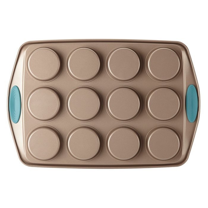 Rachael Ray Cucina Bakeware 12-Cup Muffin Pan, Latte Brown, Agave Blue Handle Grips N2
