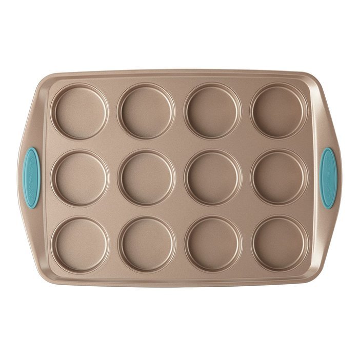 Rachael Ray Cucina Bakeware 12-Cup Muffin Pan, Latte Brown, Agave Blue Handle Grips N3