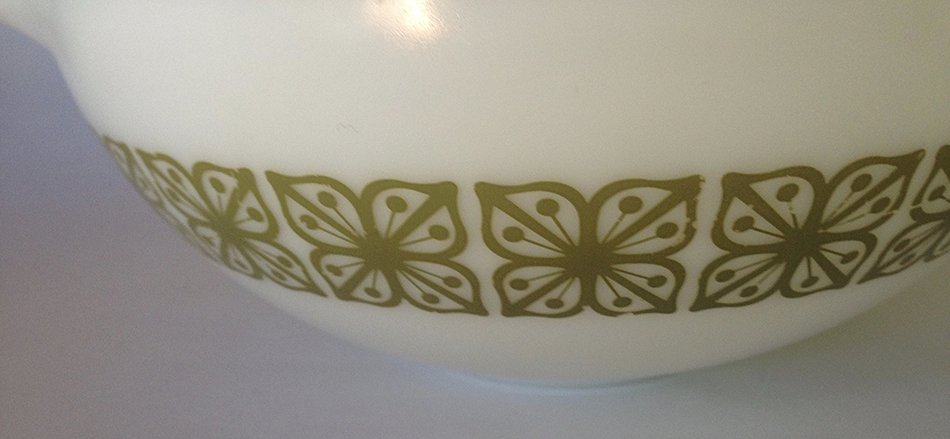 Green Square Flowers Cinderella Bowl, 4 Liter #444, from Pyrex N2