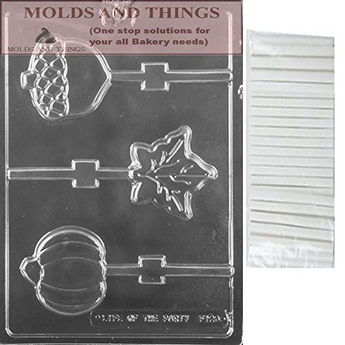 Pumpkin, Leaf, Acorn chocolate candy mold with Molding Instruction+ 25 Lollipop Sticks