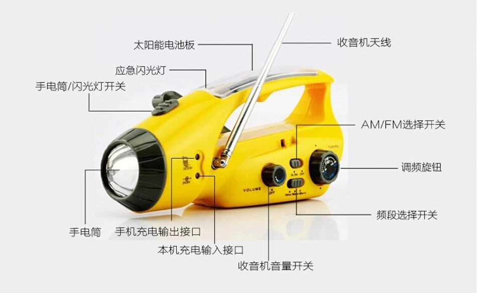 Solar, Hand-crank Emergency Radio, Flashlight, Beacon, Cell Phone Charger N4