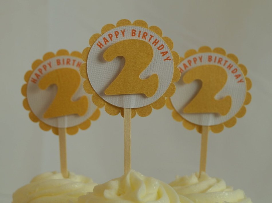 All About Details Shimmer Gold 2nd Birthday Cupcake Toppers, Set of 12