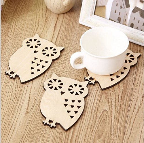 Astra shop Set of 3 Piece Wood Coasters Carved Hollow Designed Mini Tabletop Trivets Cup Mat - Cute Owl N3