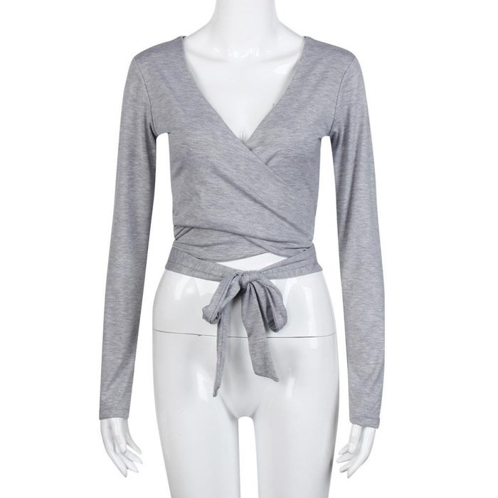Tops,Morecome Fashion Women Long Sleeve Bandage Crop Tops Shirt (S, Gray) N19