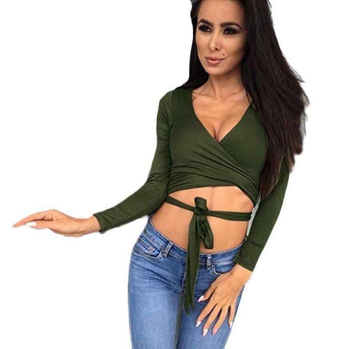 Tops,Morecome Fashion Women Long Sleeve Bandage Crop Tops Shirt (S, Gray) N24