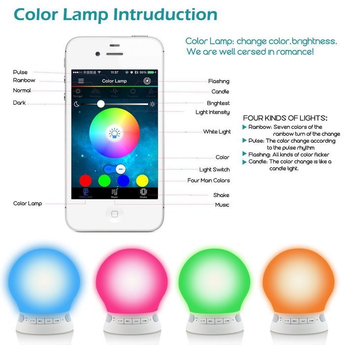KUCAM Wireless Bluetooth 4.0 Speaker with Mood Led Night Light, App Remote Control Color Changing, AUX Audio TF... N2