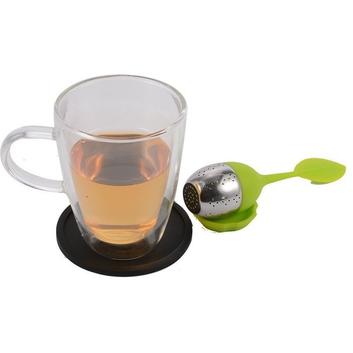 STYDDI Tea Infuser Set of 4x Silicone Green Leaf Handles With Stainless Steel Ball,4 Silicon Drip Trays And 2x...